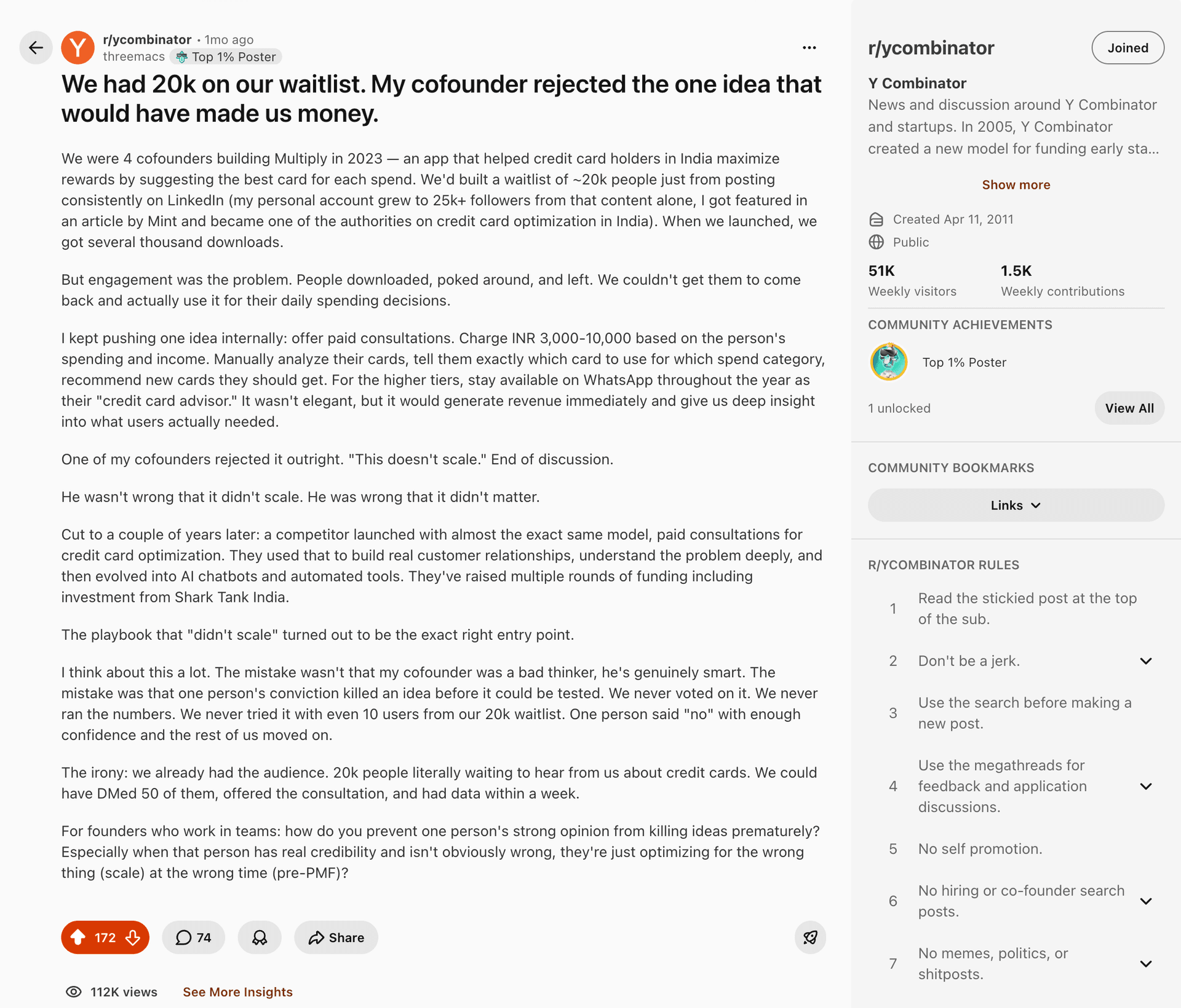 We had 20k on our waitlist. My cofounder rejected the one idea that would have made us money.